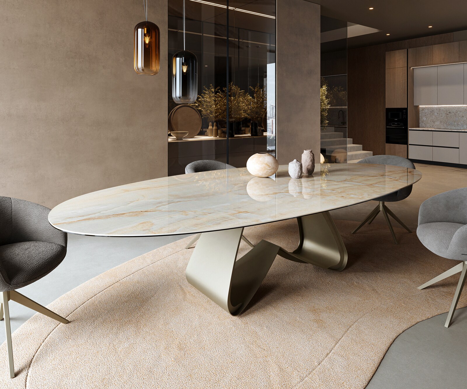 Eetkamertafel Edge Oval 315x150 cm Keramiek Iris FMG Onice Oro W-onderstel Metaal Effectafwerking Titan 1