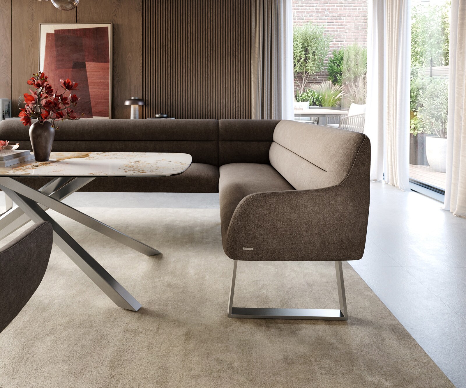 Eetkamerbank Taya-Flex 285x190 cm zachte stof met structuur taupe gekant sledeframe roestvrij staal pocketvering links 5