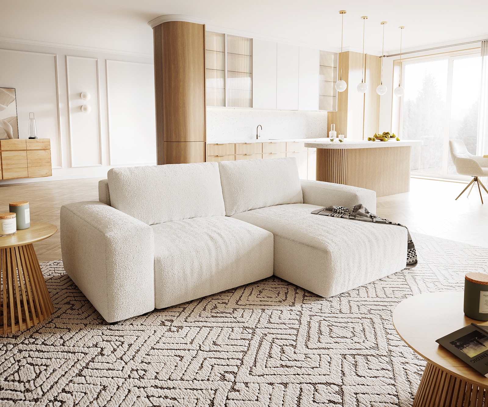 Hoekbank Lanzo XL 270x180 cm bouclee Cream-White Recamiere variabel Hoekbank Lanzo XL 270x180 cm bouclee Cream-White Recamiere variabel