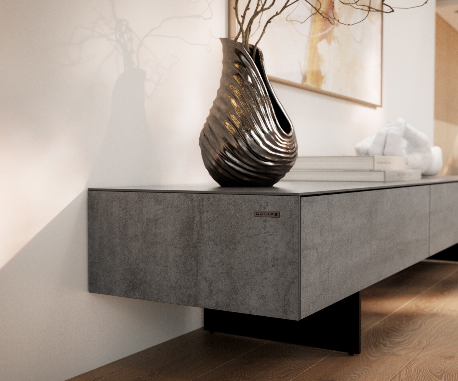 Tv-meubel Cuor 200 cm Keramiek Beton Grijs 1 Flap 1 Laden Zwevende voet look Metaal Zwart 6