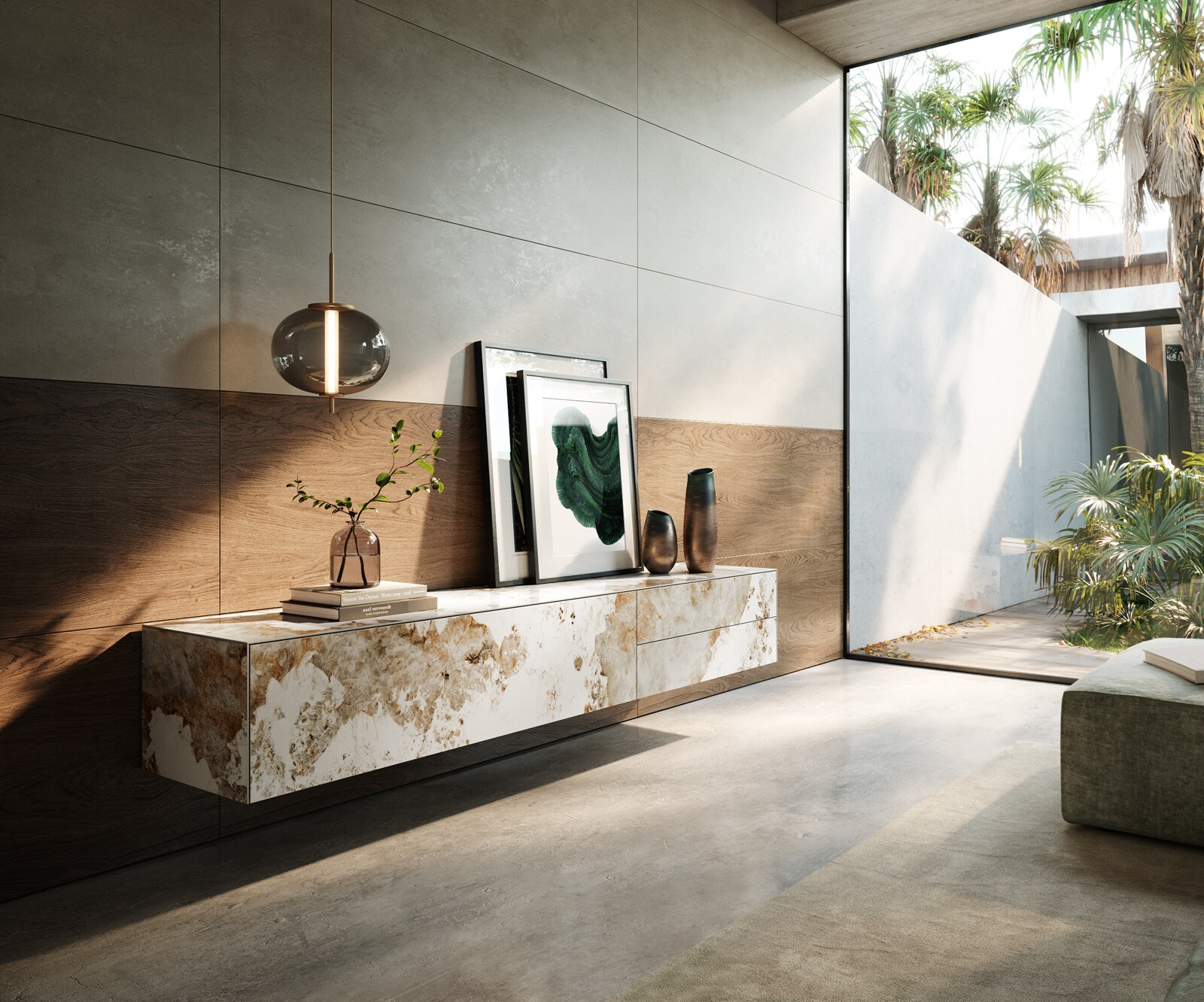 Tv-meubel Cuor 220 cm Keramiek Minas Melange Wit-beige 1 Flap 2 Laden Zwevend Tv-meubel Cuor 220 cm Keramiek Minas Melange Wit-beige 1 Flap 2 Laden Zwevend