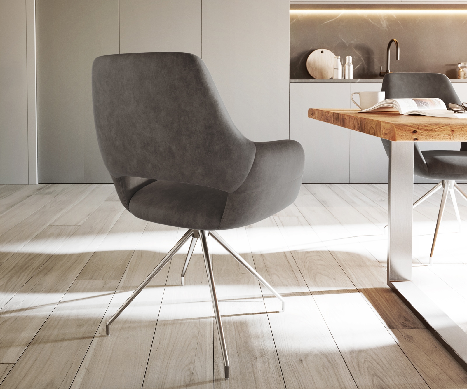 Eetkamerstoel Yago-Flex met armleuning microvelours antraciet vintage kruisframe conisch roestvrij staal pocketveer kern 4 Eetkamerstoel Yago-Flex met armleuning microvelours antraciet vintage kruisframe conisch roestvrij staal pocketveer kern 4