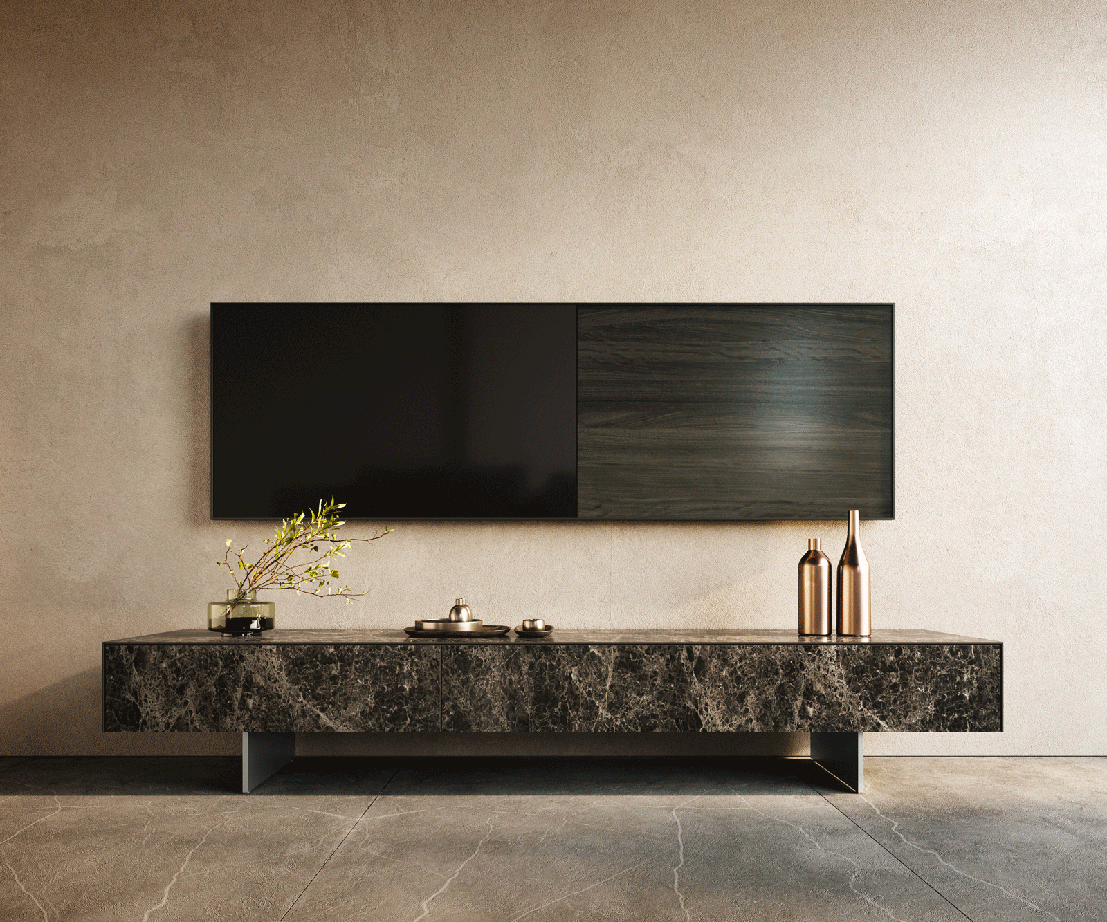 Tv-meubel Cuor 200 cm Keramiek Laminam® Emperador Extra Lucidato Donkerbruin 1 Flap 1 Lade Zwevende voet look Roestvrij staal 1