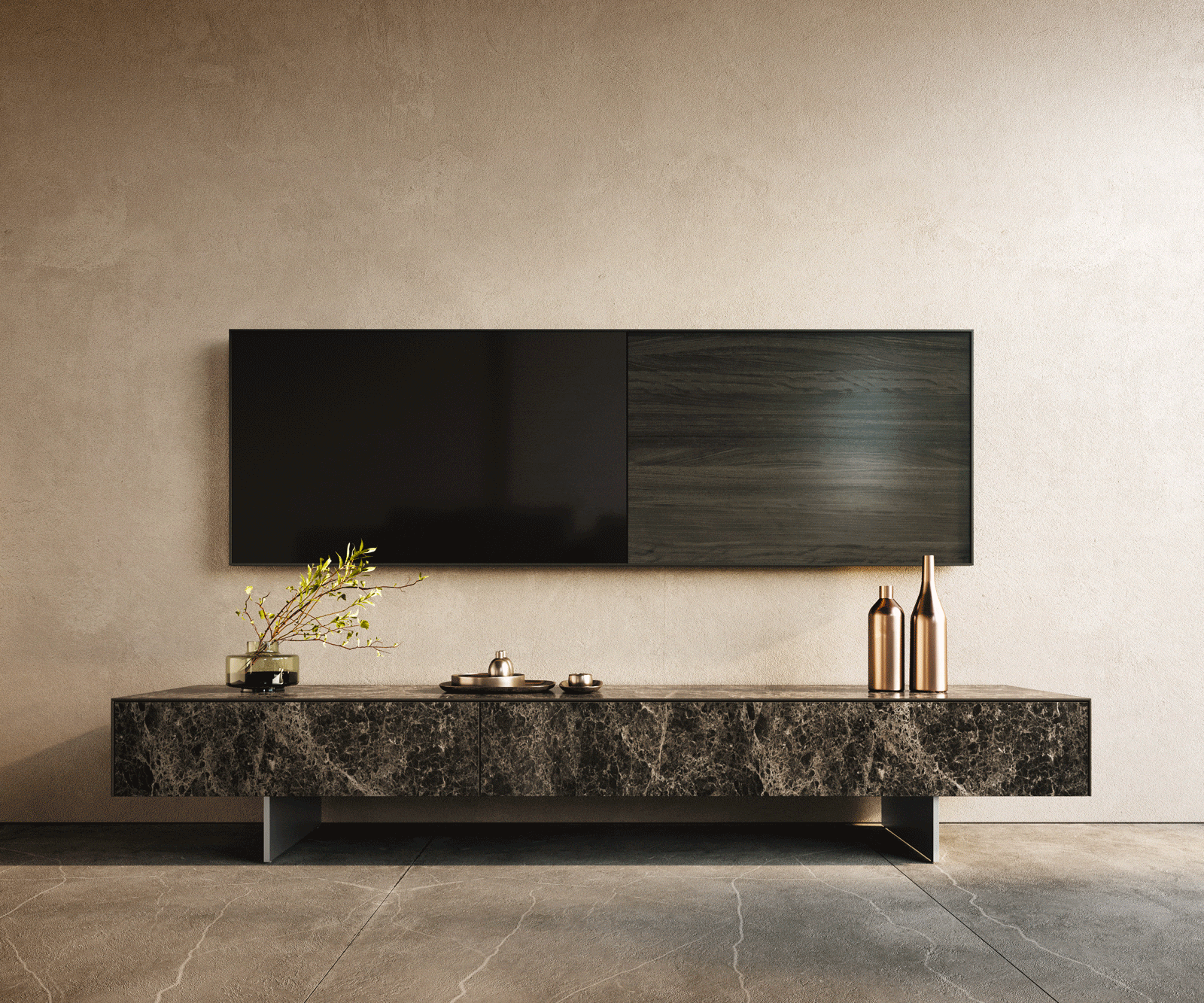 Tv-meubel Cuor 200 cm Keramiek Emperador Extra Lucidato Donkerbruin 1 Flap 1 Lade Zwevende voet look Roestvrij staal 1 Tv-meubel Cuor 200 cm Keramiek Emperador Extra Lucidato Donkerbruin 1 Flap 1 Lade Zwevende voet look Roestvrij staal 1