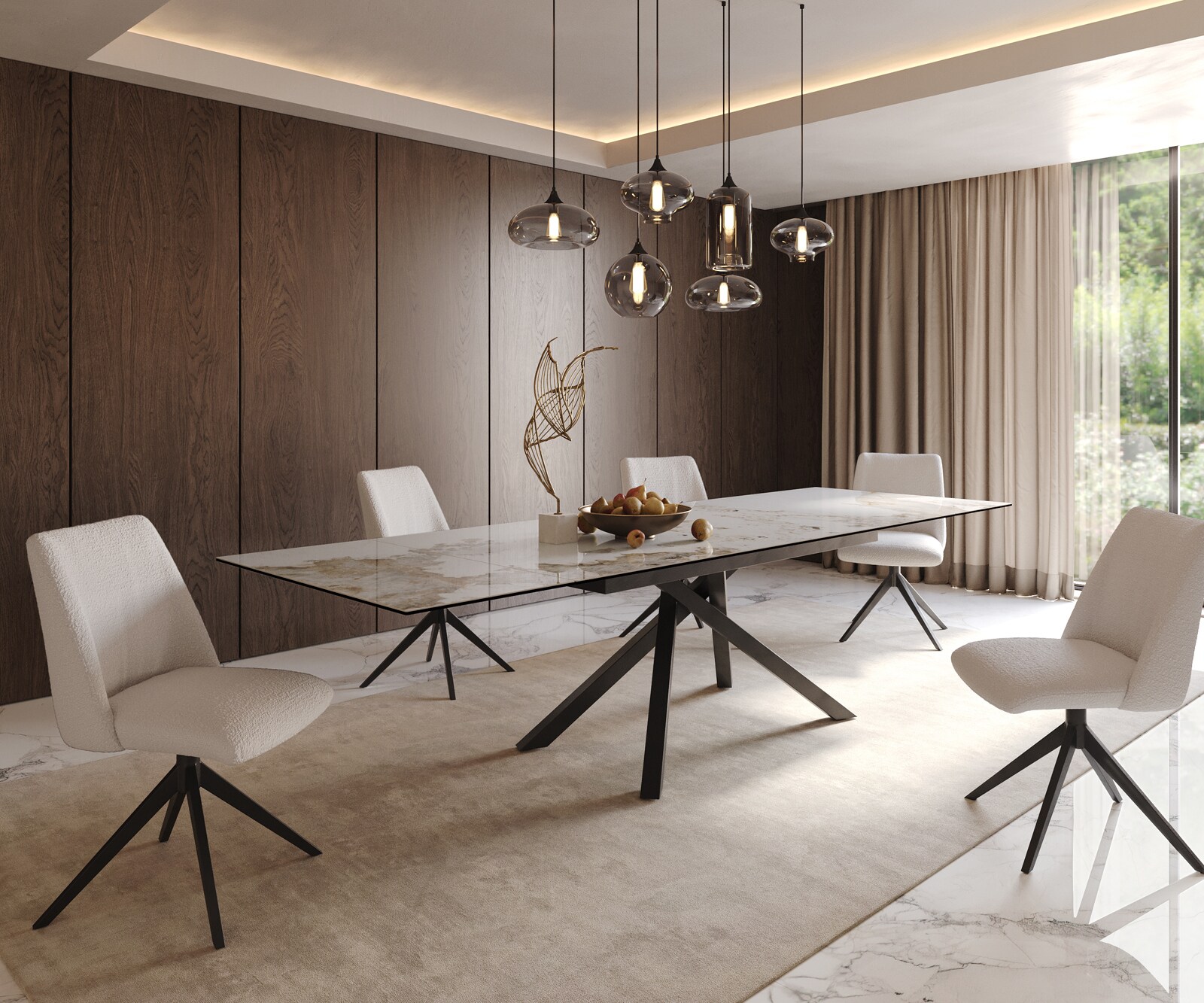 Eetkamertafel Edge 200-300x100 keramiek Minas Melange wit-beige kruisframe rechthoek zwart uitschuifbaar 8