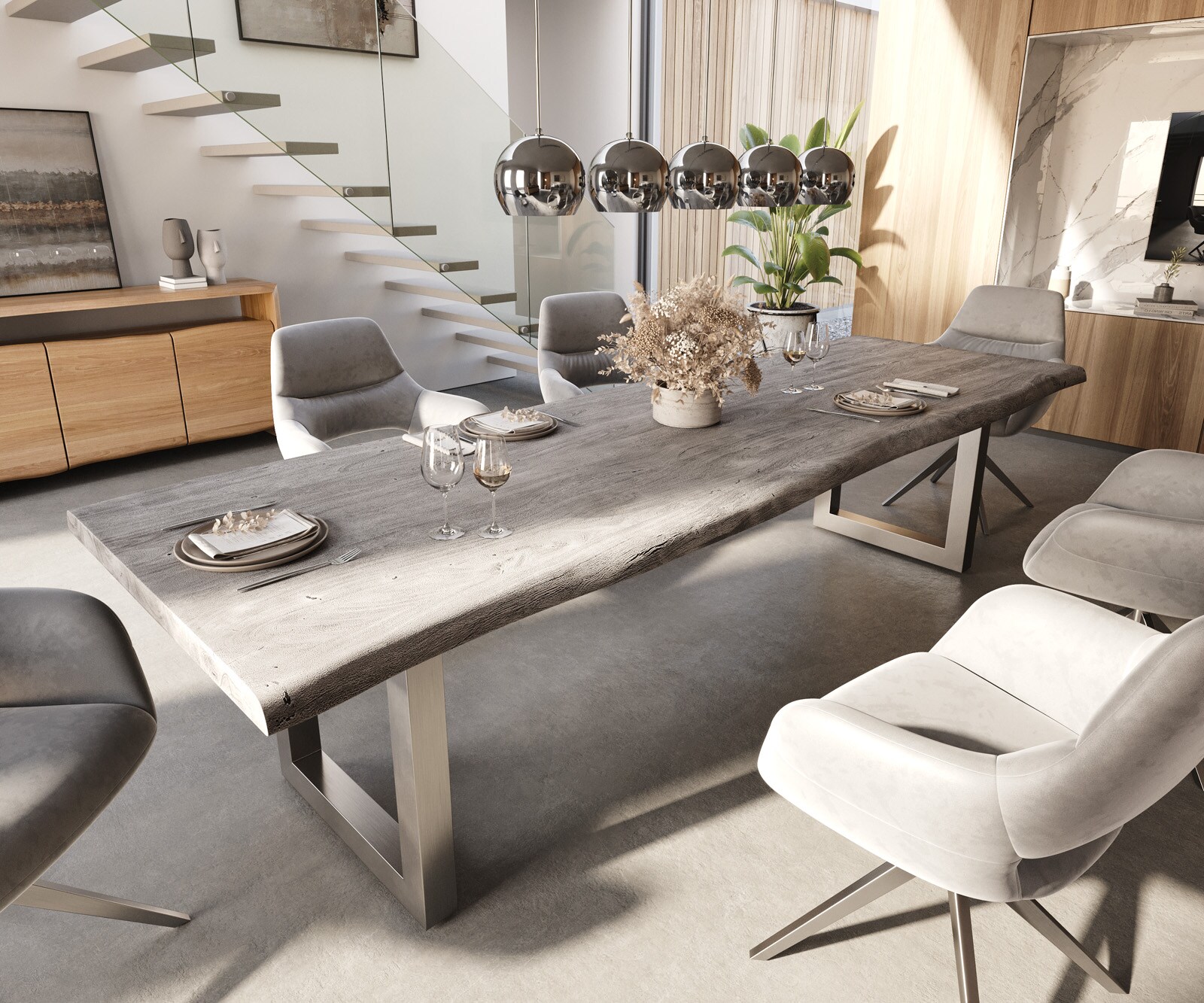Eettafel Edge 300x100 XL acacia platina roestvrijstaal breed Live-Edge