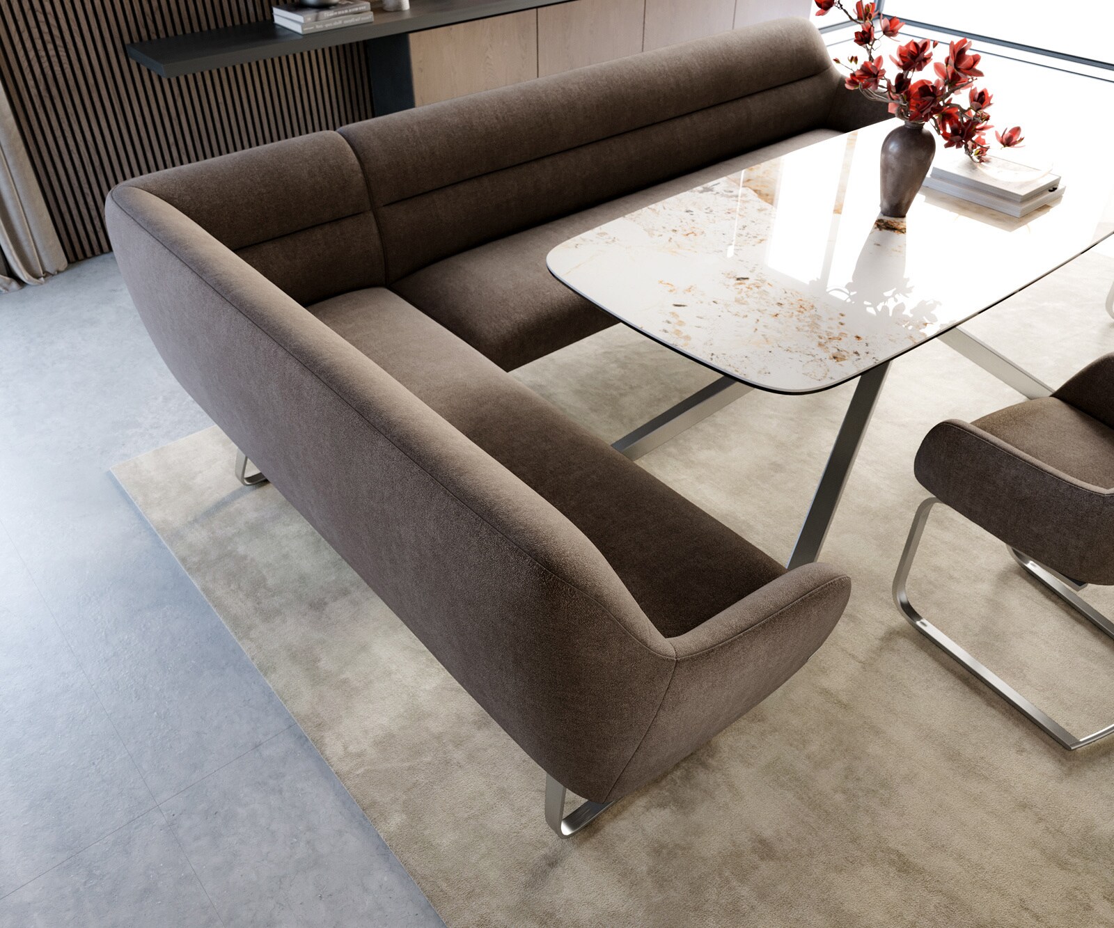 Eetkamerbank Taya-Flex 285x190 cm zachte stof met structuur taupe platte sledebasis roestvrij staal pocketvering rechts 4