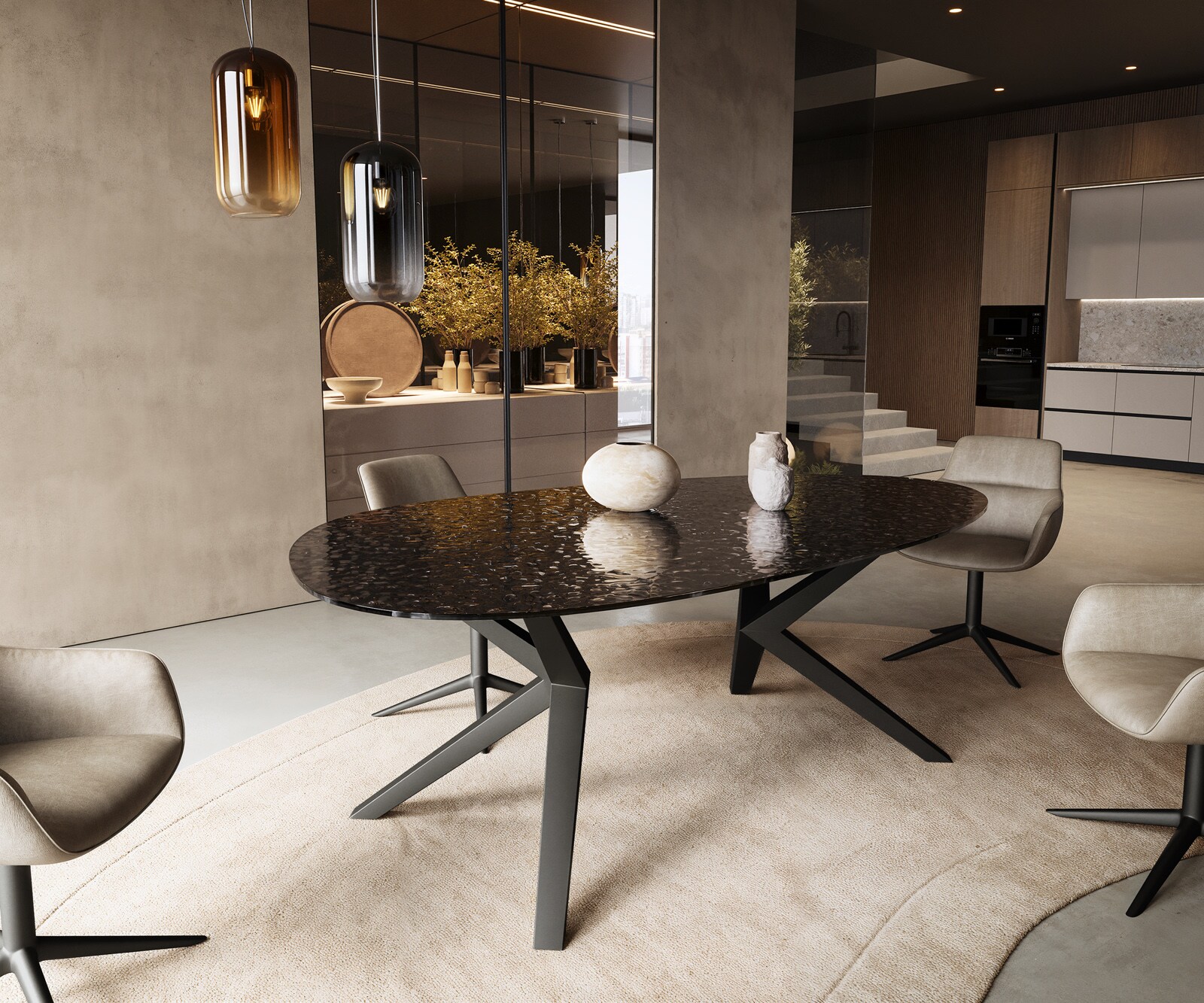 Eetkamertafel Edge ovaal 220x120 reliëfglas Rauchzwart 3D-Design Zenthara hoekig metaal zwart