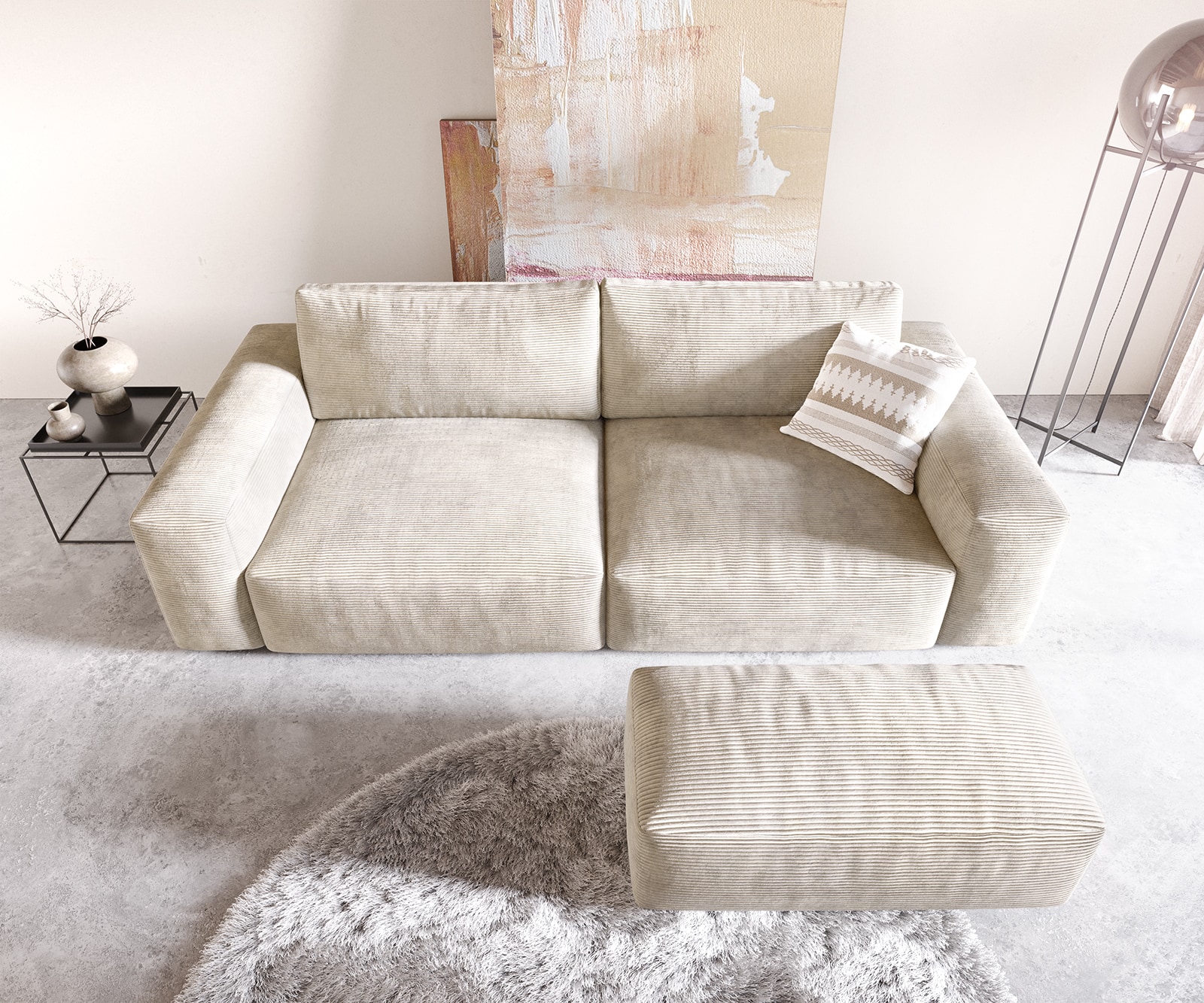 Big-sofa Lanzo XL 270x130 cm corduroy beige met poef 3 Big-sofa Lanzo XL 270x130 cm corduroy beige met poef 3