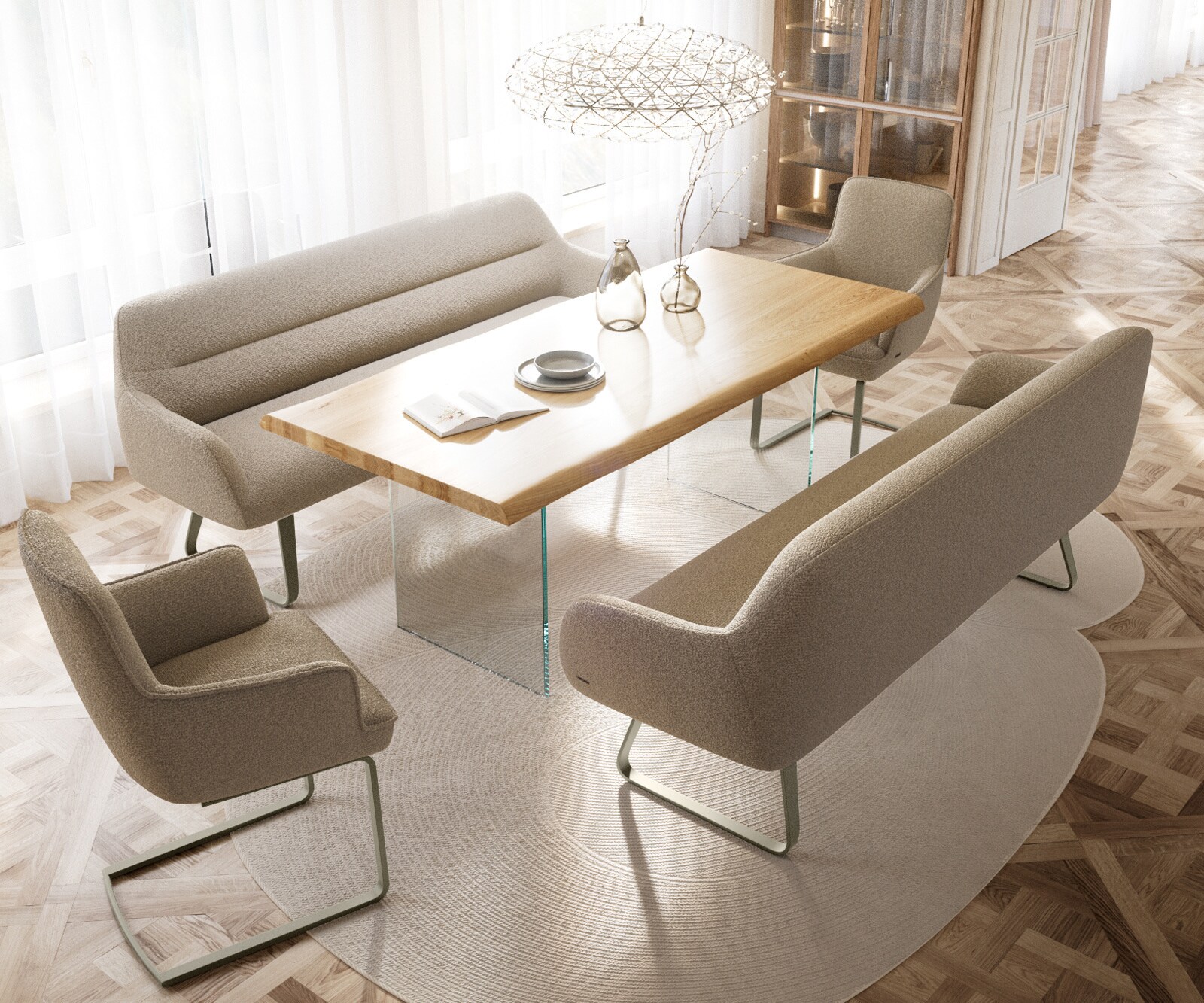 Eetkamerbank Taya-Flex 200 cm bouclé mud platte sledebasis afwerking met titaniumeffect pocketvering 3