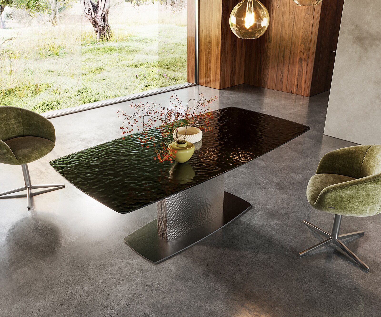 Eettafel Edge Boot 200x100 Reliefglas zwart 3D-Design wave RVS 1