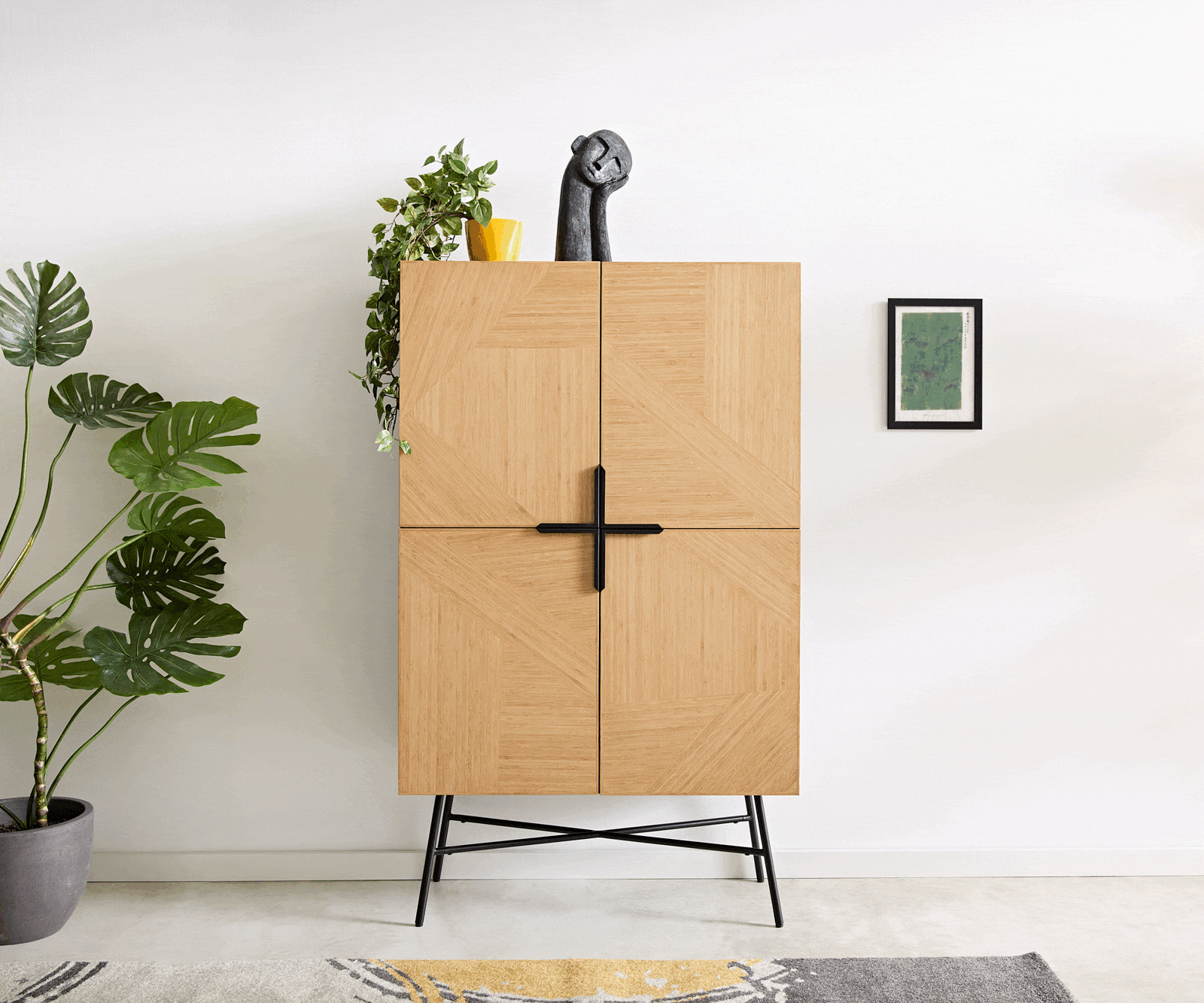 Boekenkast Mikkusu 90x150 Bamboe Natuur Mango Zwart 4 deuren Metaal Zwart 1