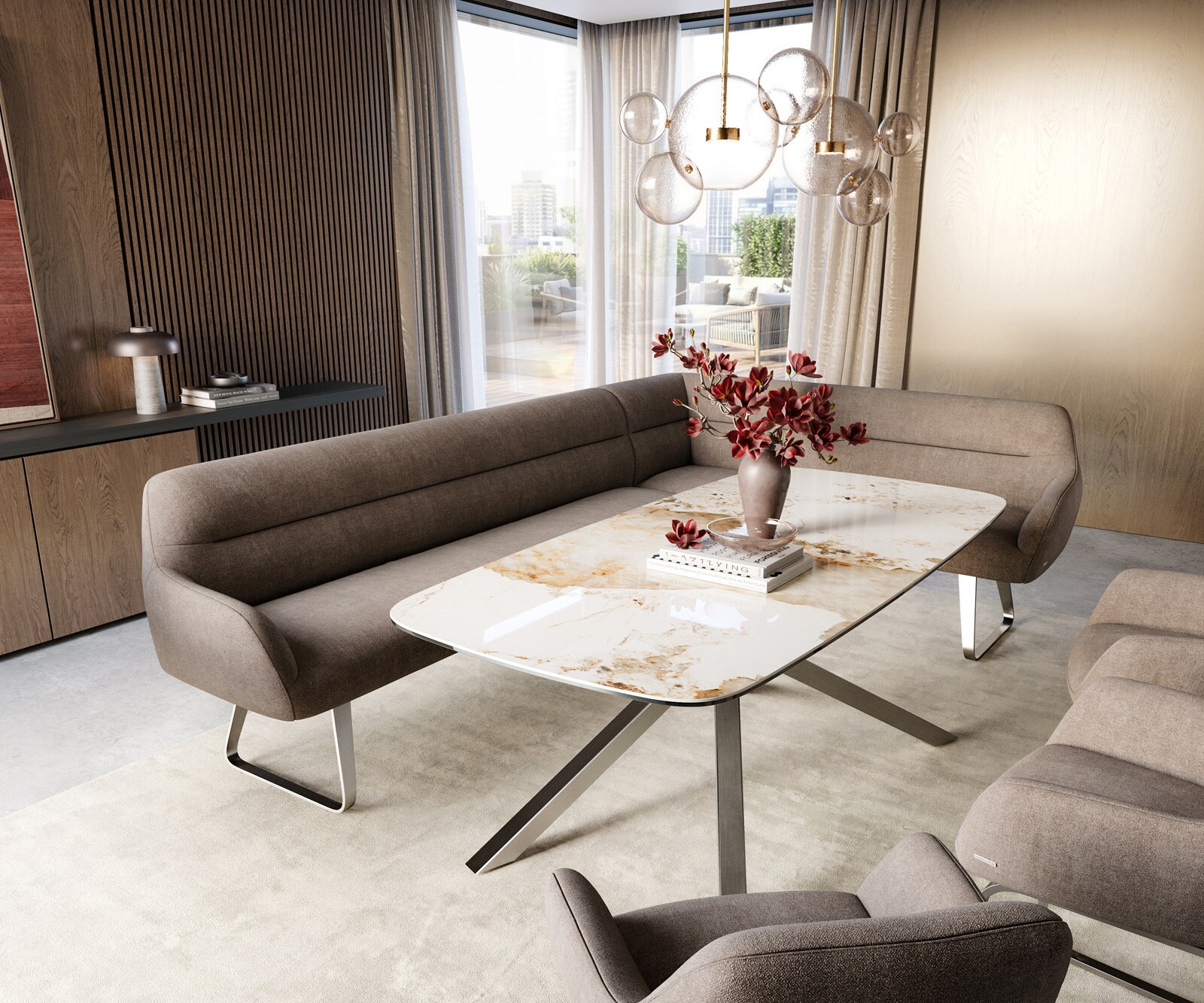 Eetkamerbank Taya-Flex 285x190 cm zachte stof met structuur taupe platte sledebasis roestvrij staal pocketvering links 1