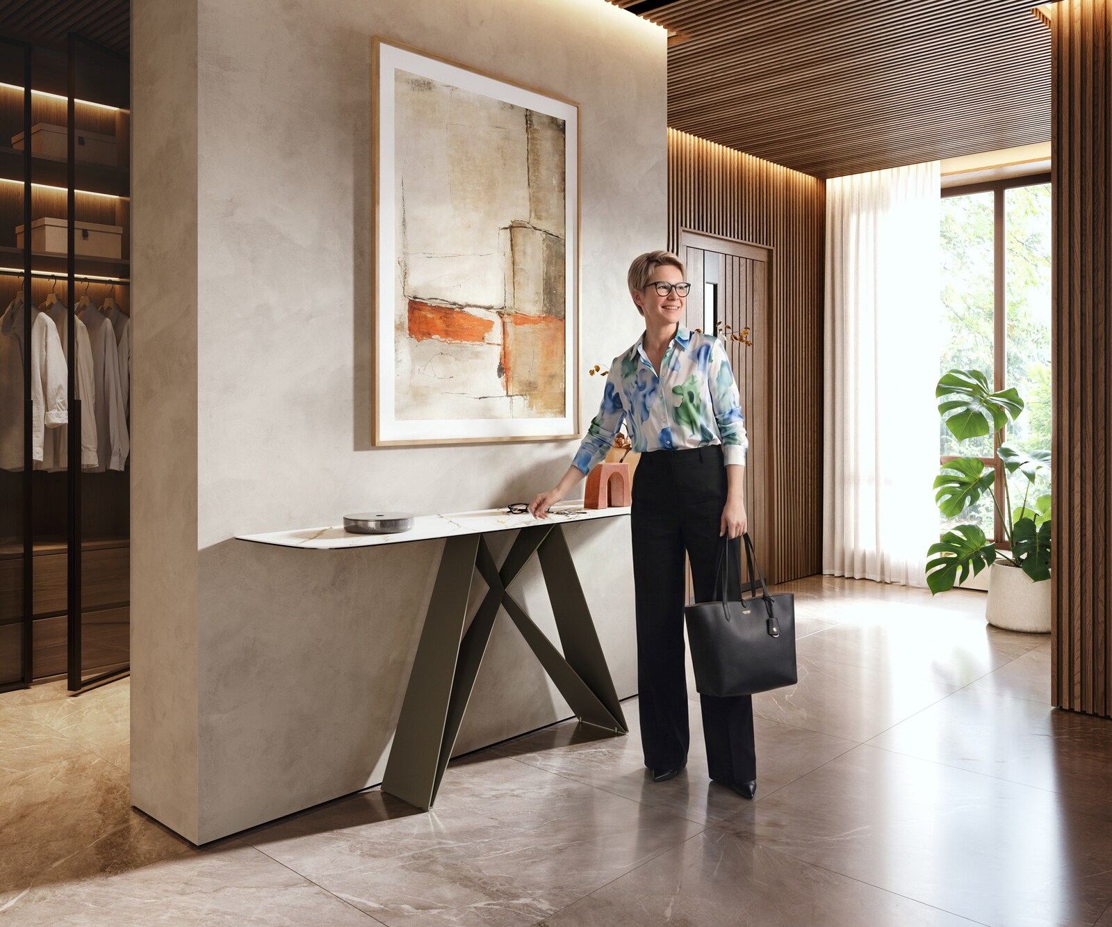 Consoletafel Edge Bootvorm 180x40 cm Keramiek Calacatta Luxe Weiß-Gold-Grijs Velio Metaal Effektfinish Titan 6