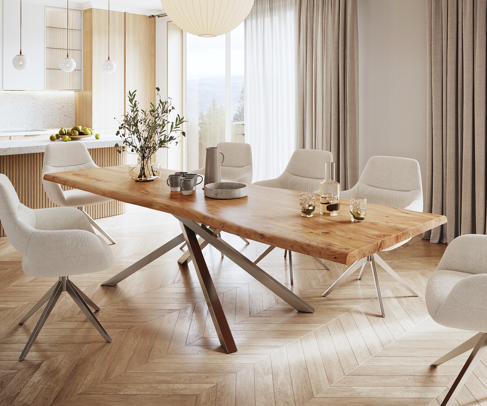 Eettafel Edge 300x100 XL acacia natuur kruisframe rechthoek roestvrij staal  Live-Edge 1