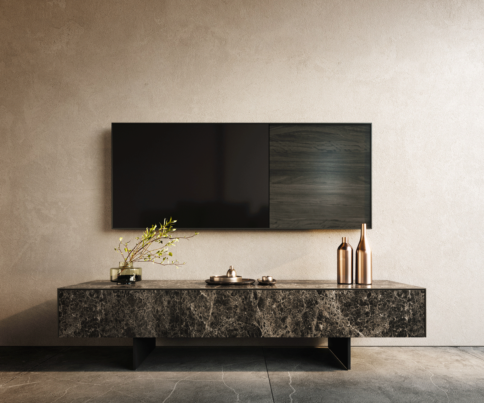 Tv-meubel Cuor 150 cm Keramiek Emperador Extra Lucidato Donkerbruin 1 Flap 1 Lade Zwevende voet look Metaal Zwart 1