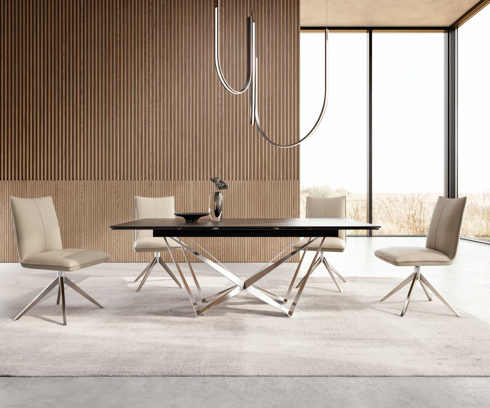 Eetkamertafel Edge 200-300x100 keramiek Laminam®Noir Desir bruin spider vlak staal RVS uitschuifbaar 5