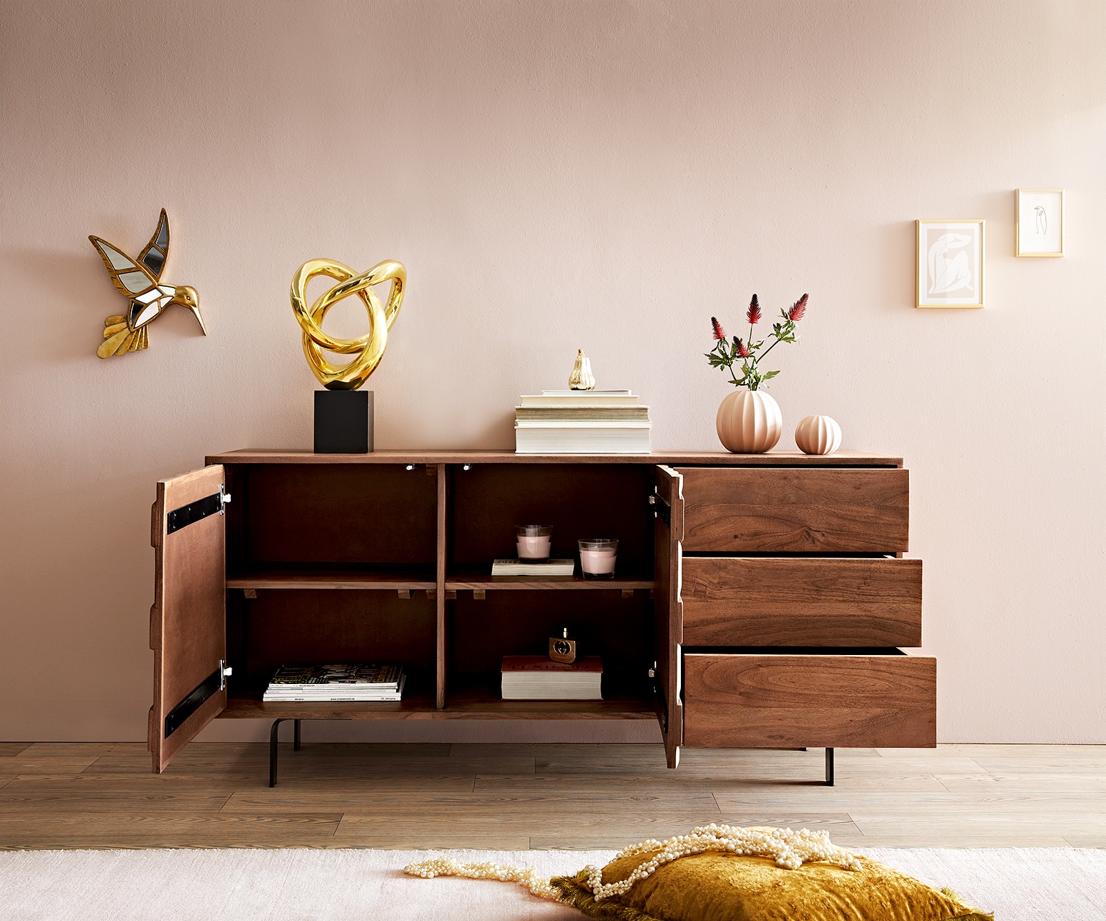 Dressoir Fevo 145 cm acacia bruin 2 deuren 3 schuifladen L-poot 3 Dressoir Fevo 145 cm acacia bruin 2 deuren 3 schuifladen L-poot 3