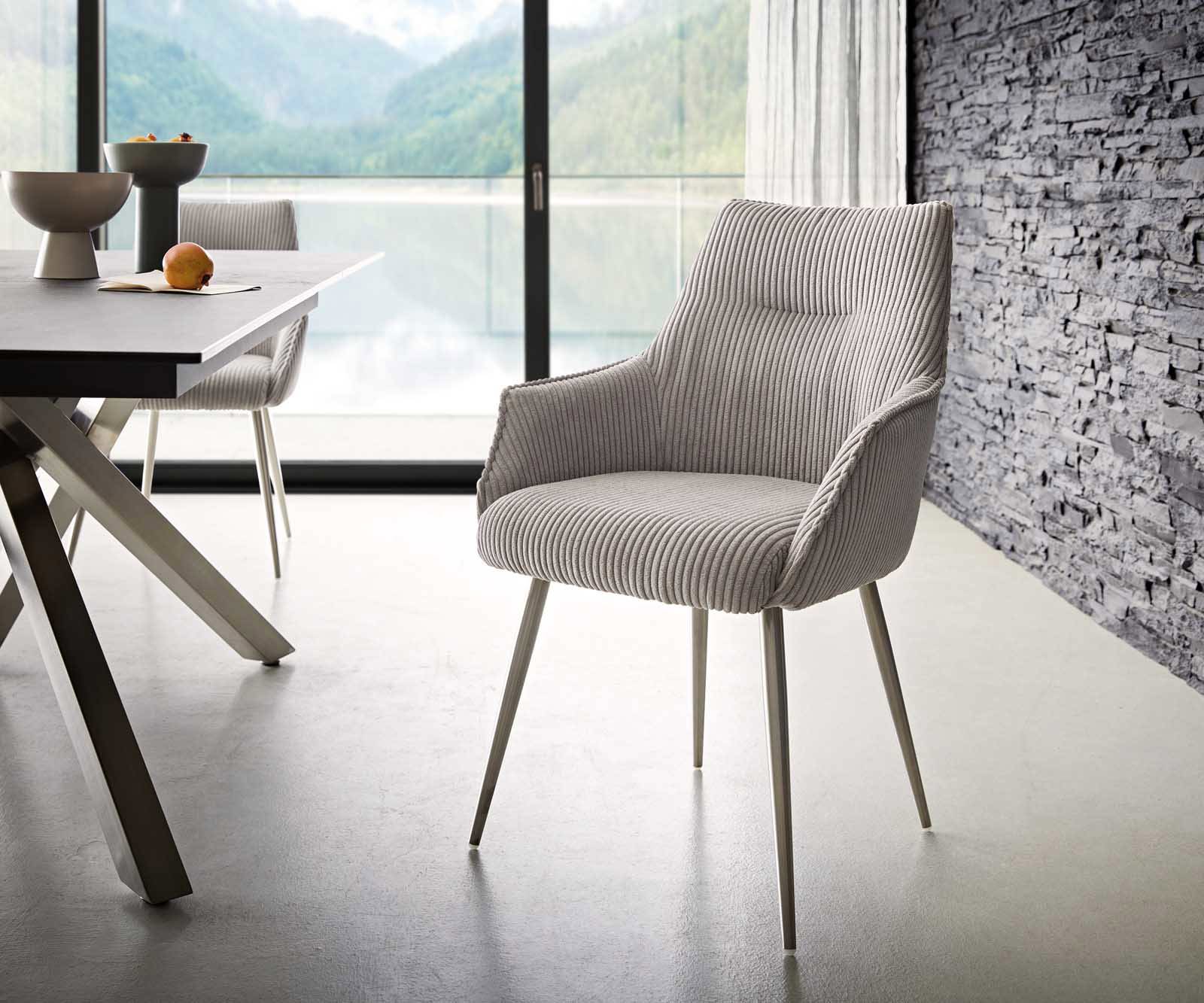 Eetkamerstoel Alja-Flex met armleuning koord zilver grijs 4-poot conisch roestvrij staal pocketveer kern Eetkamerstoel Alja-Flex met armleuning koord zilver grijs 4-poot conisch roestvrij staal pocketveer kern