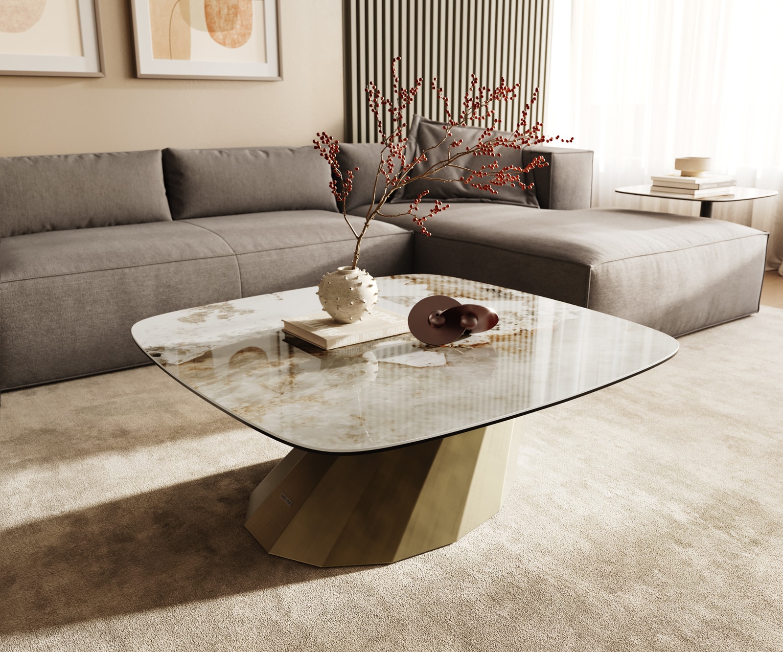 Salontafel Edge Boot 90x90 cm keramiek Minas Melange Parabi metallic goud 1