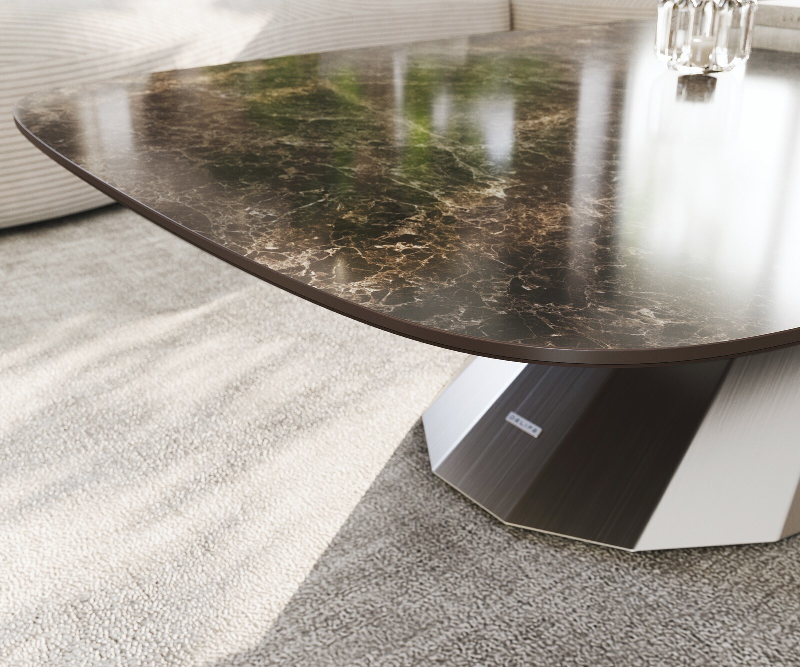 Salontafel Edge Boot 140x80 cm keramiek Laminam® Emperador Extra Lucidato donkerbruin Parabi geborsteld roestvrij staal 6