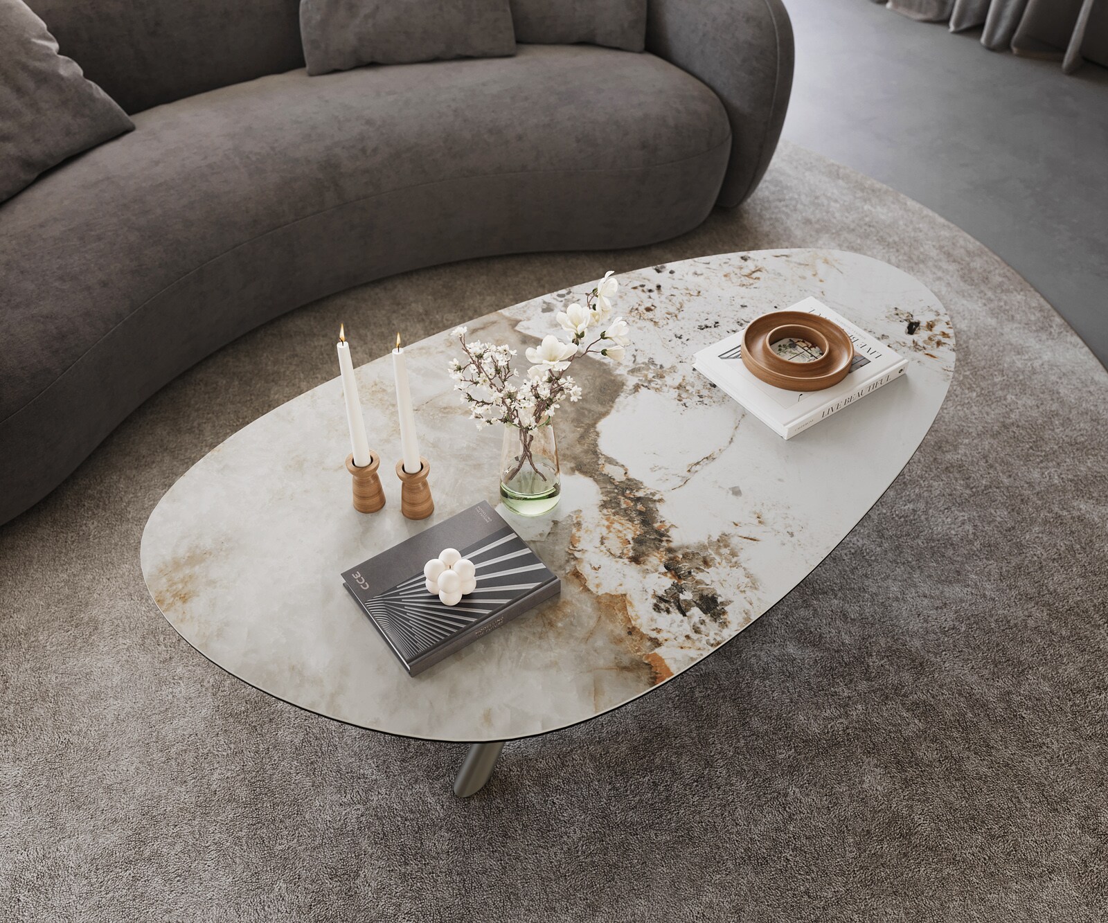 Salontafel Edge Oval 140x75 cm keramiek Minas Melange Sarity Metall effectafwerking titaan 4