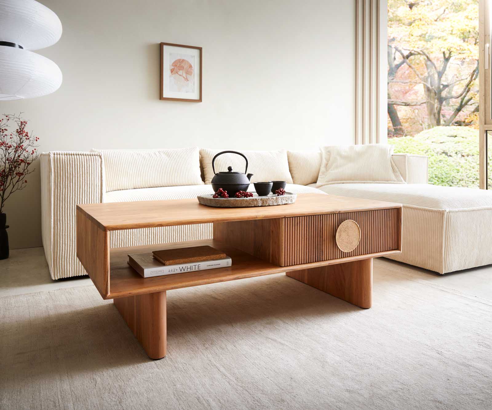 Salontafel Surimu 115x60 cm acacia lichtbruin 2 laden kurkgreep houten poten