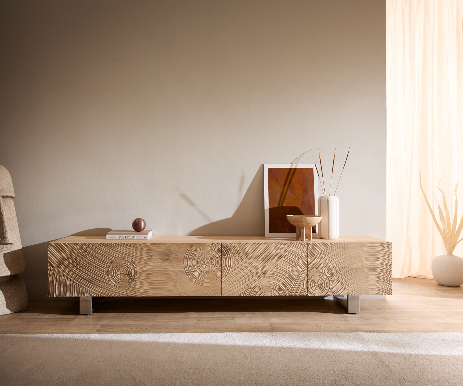 TV-meubel Ashara 220 cm eiken natuur 3D-effect 4 deuren sledepoten geborsteld RVS 1