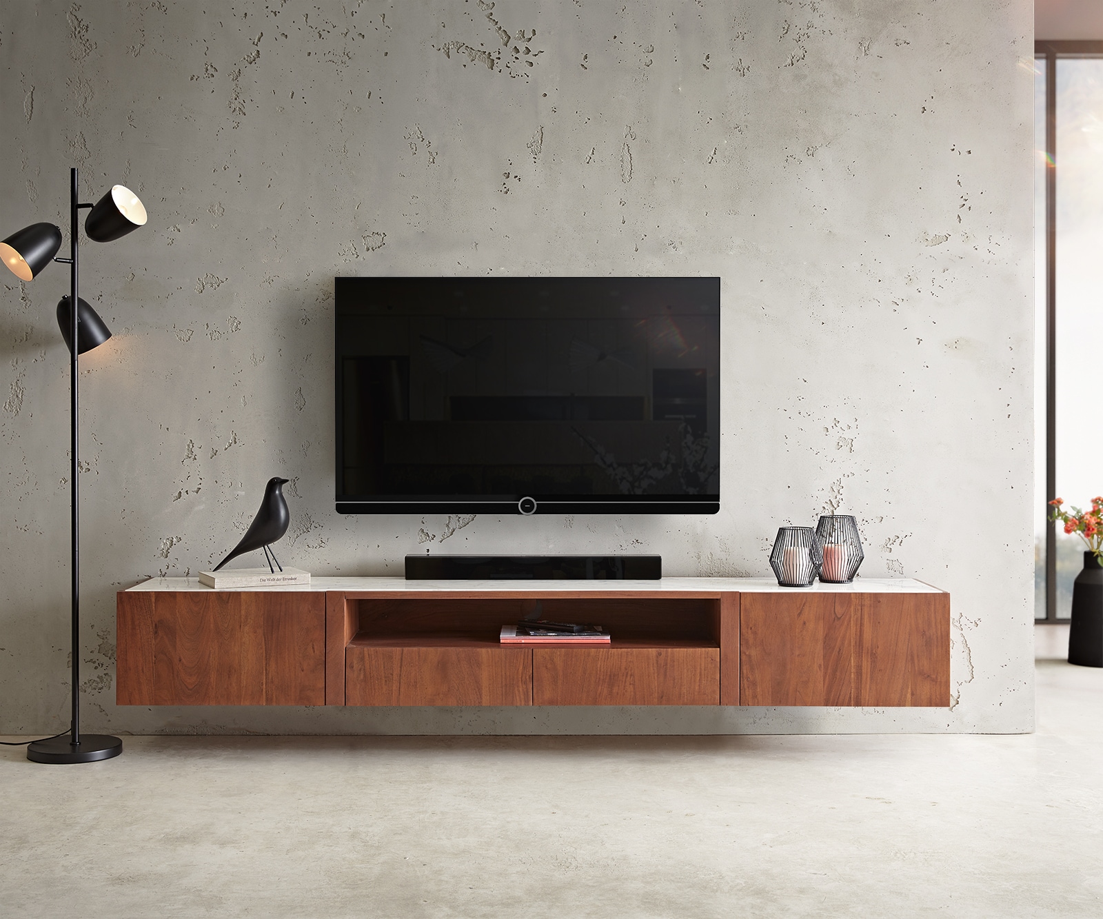 TV-meubel Secara 220 cm acacia bruin 2 deuren 2 laden marmer zwevend