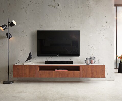 TV-meubel Secara 220 cm acacia bruin 2 deuren 2 laden marmer zwevend