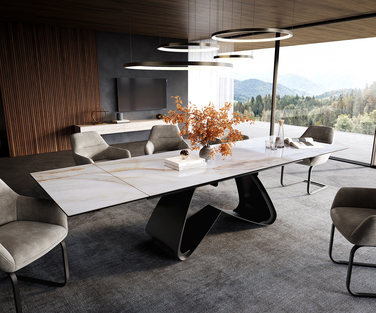 Eettafel Edge 200-300x100 cm keramiek Onyx Pearl W-onderstel metaal zwart uittrekbaar 1