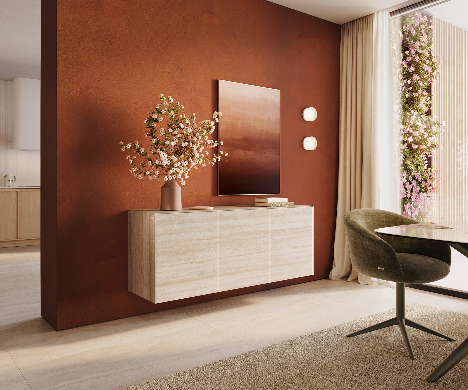 Dressoir Cuor 150 cm Keramiek Laminam® Travertino Bianco Crème-wit 3 Deuren Zwevend