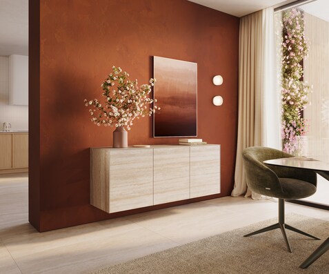 Dressoir Cuor 150 cm Keramiek Laminam® Travertino Bianco Crème-wit 3 Deuren Zwevend