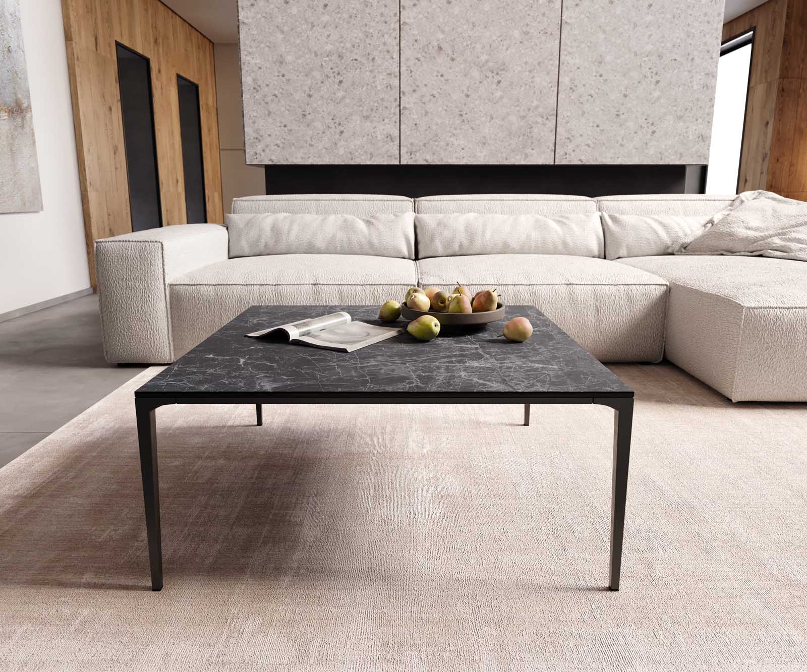 Salontafel Levente 85x85 cm keramiek Laminam®Nero Greco Grey onderstel metaal zwart 1