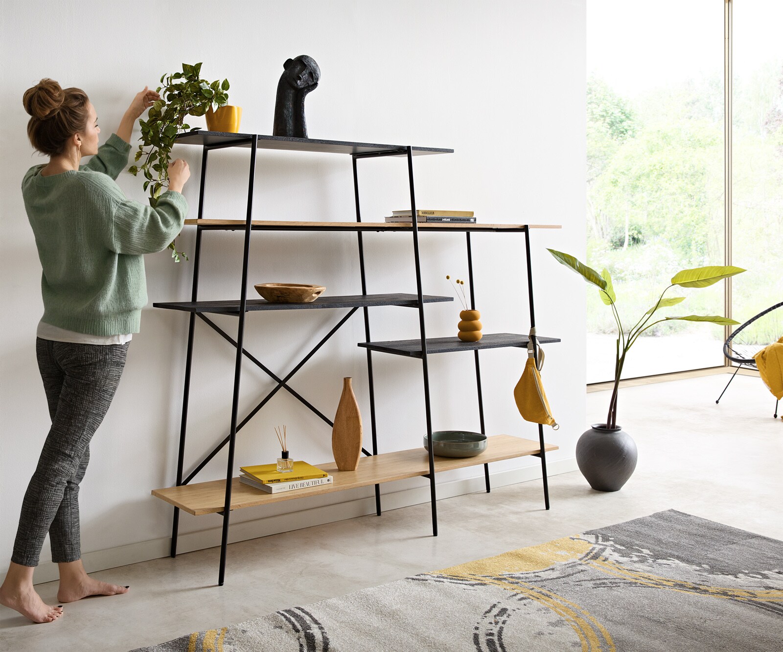 Boekenkast Mikkusu 185x160 Bamboe Natuurlijk Mango Zwart 5 planken Metaal Zwart