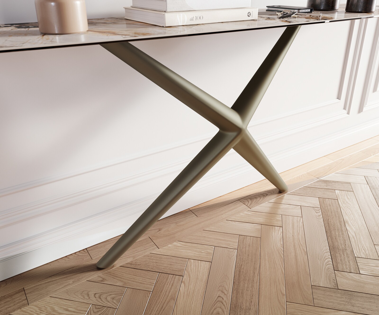 Consoletafel Edge Bootvorm 180x40 cm Keramiek Patagonia Poliert Estelo Metaal Effektfinish Titan 6