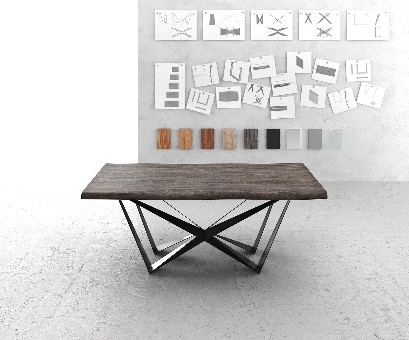 Eettafel Edge 200x100 XL acacia platina Spider vlakstaal zwart Live-Edge 1