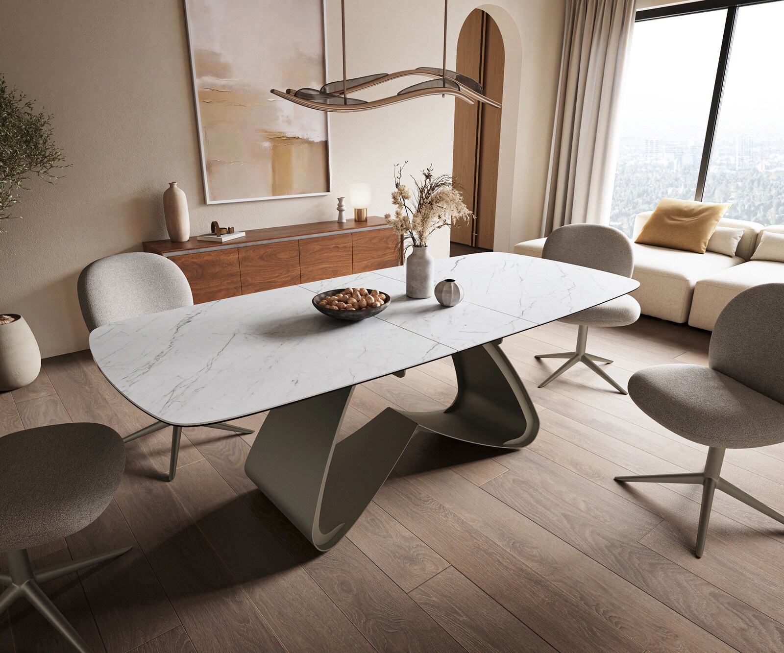 Eettafel Edge Boot 180-220x100 cm Keramiek Laminam® Statuarietto Wit W-onderstel Effectafwerking Titan uitschuifbaar 1