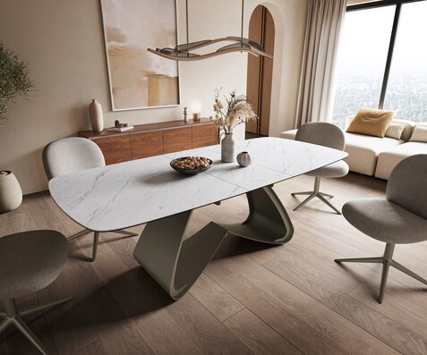 Eettafel Edge Boot 180-220x100 cm Keramiek Laminam® Statuarietto Wit W-onderstel Effectafwerking Titan uitschuifbaar