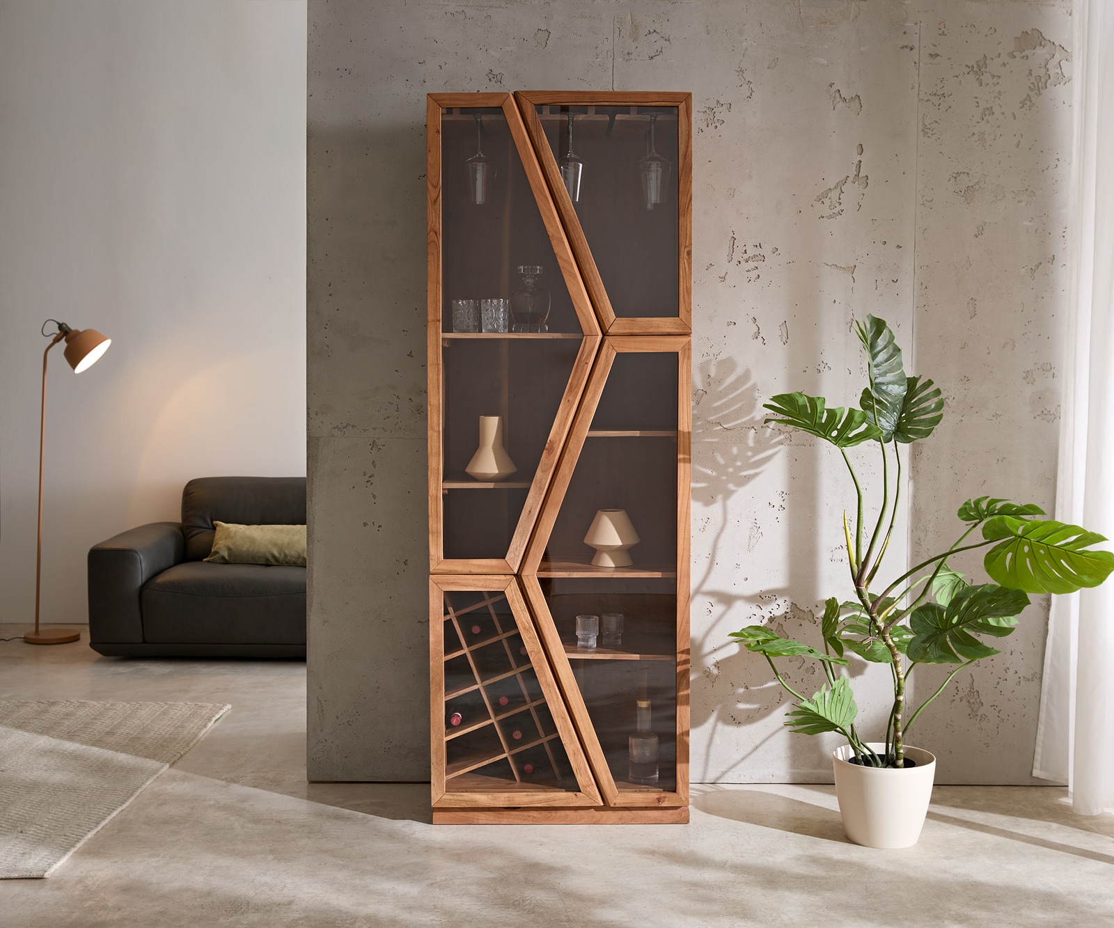 Vitrinekast Taza 75x210 cm natuur acacia 4 deuren barkast 1 Vitrinekast Taza 75x210 cm natuur acacia 4 deuren barkast 1