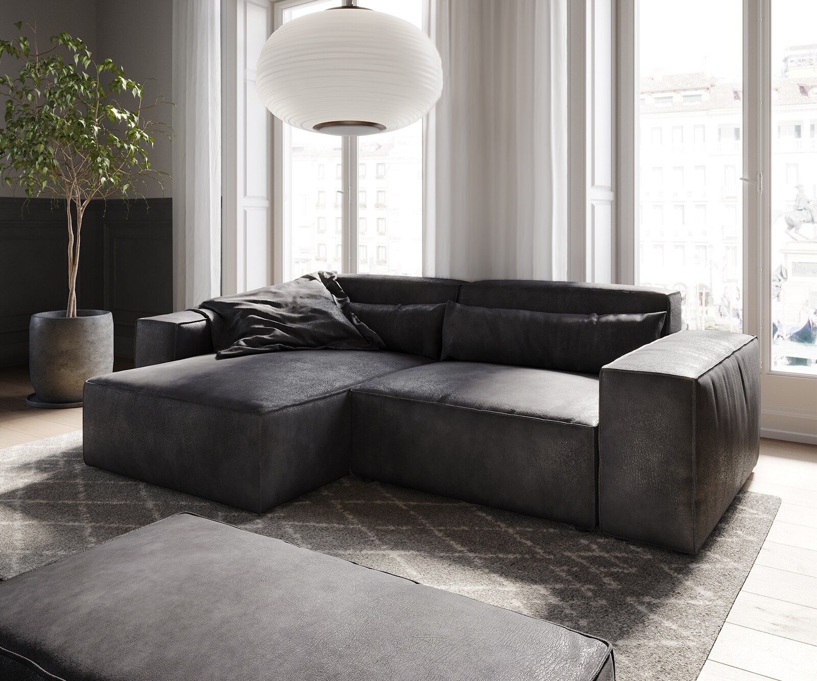 Hoekbank Sirpio 230x155 cm kunstleder vintage antraciet variabele rugleuning met kruk