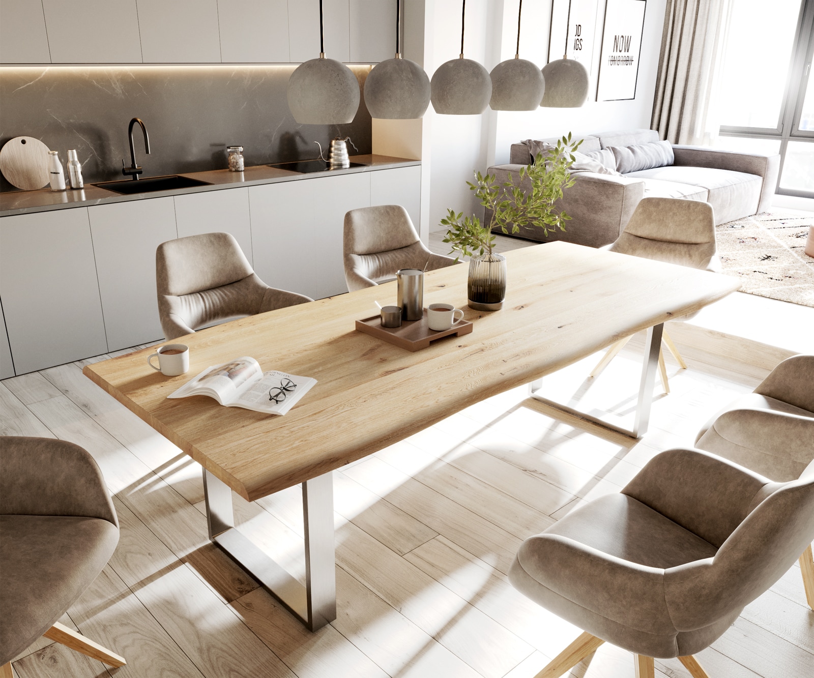 Eettafel Edge 260x100x2,5-3 eiken natuur roestvrijstaal smal Live-Edge Eettafel Edge 260x100x2,5-3 eiken natuur roestvrijstaal smal Live-Edge