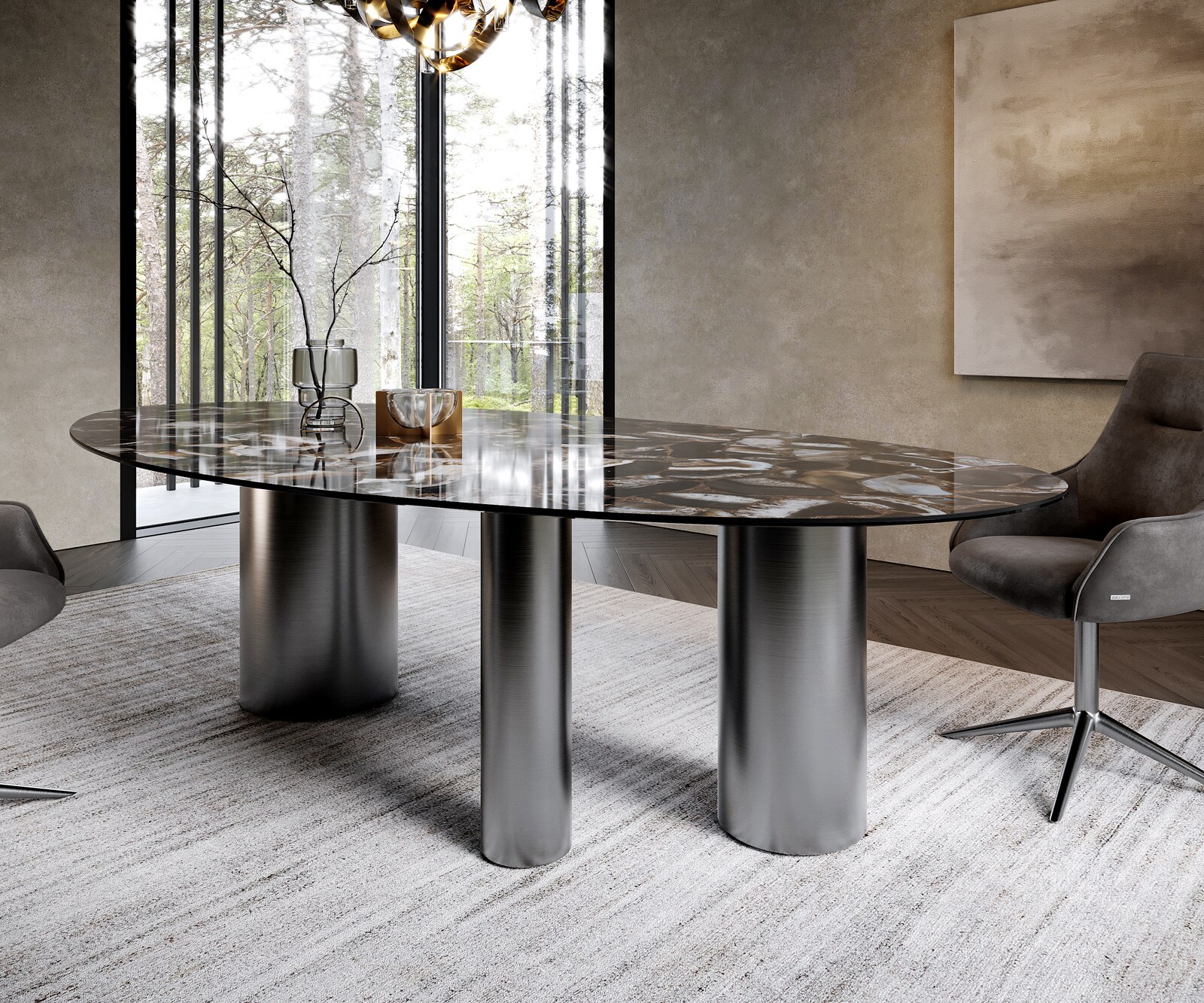 Eetkamertafel Edge ovaal 280x130 keramiek Iris FMG Agatablack Troa roestvrij staal grafiet 6