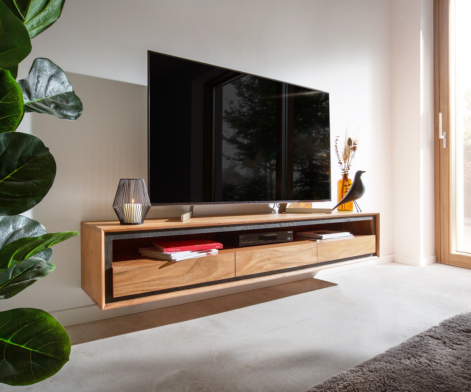 Tv-meubel Stonegrace 175 cm acacia natuur 1 legplank 3 laden steenfineer zwevend