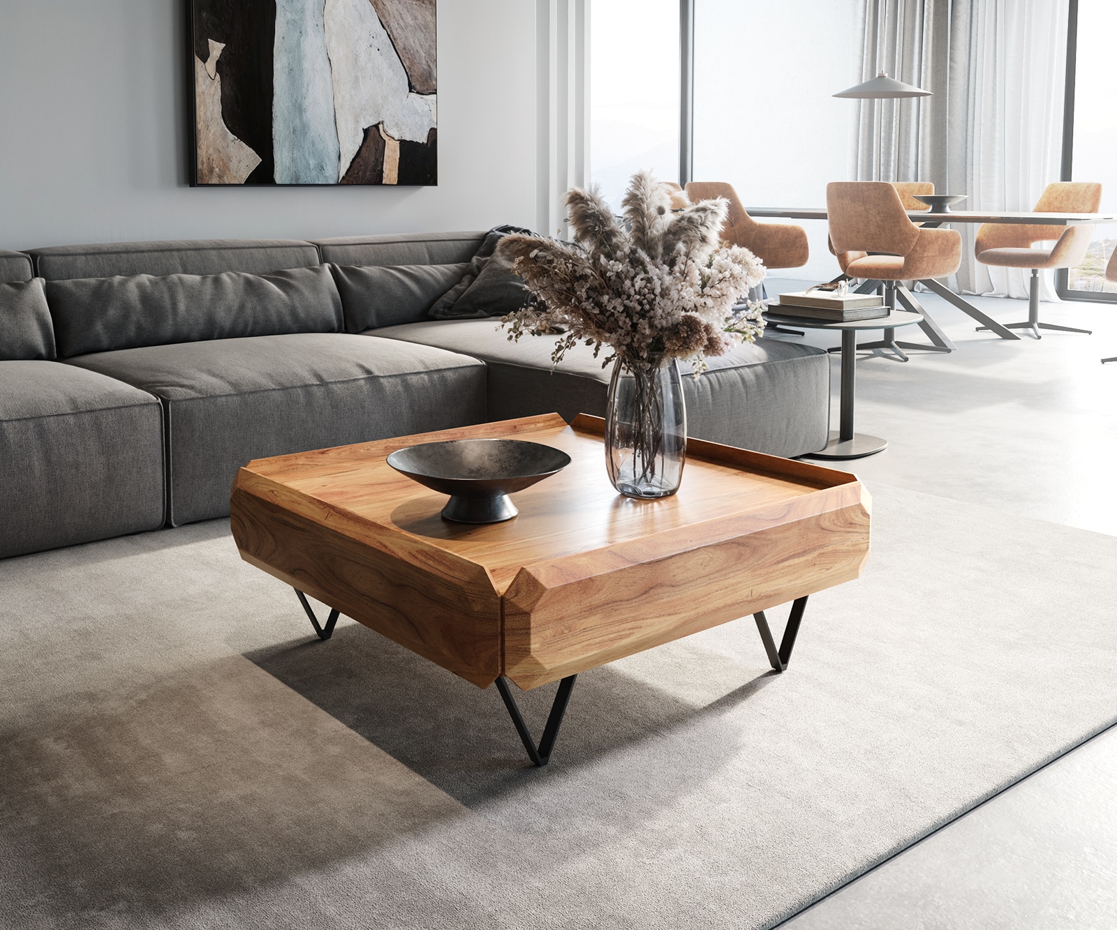 Salontafel Kiano acacia naturel 2 lades V-poot Salontafel Kiano acacia naturel 2 lades V-poot