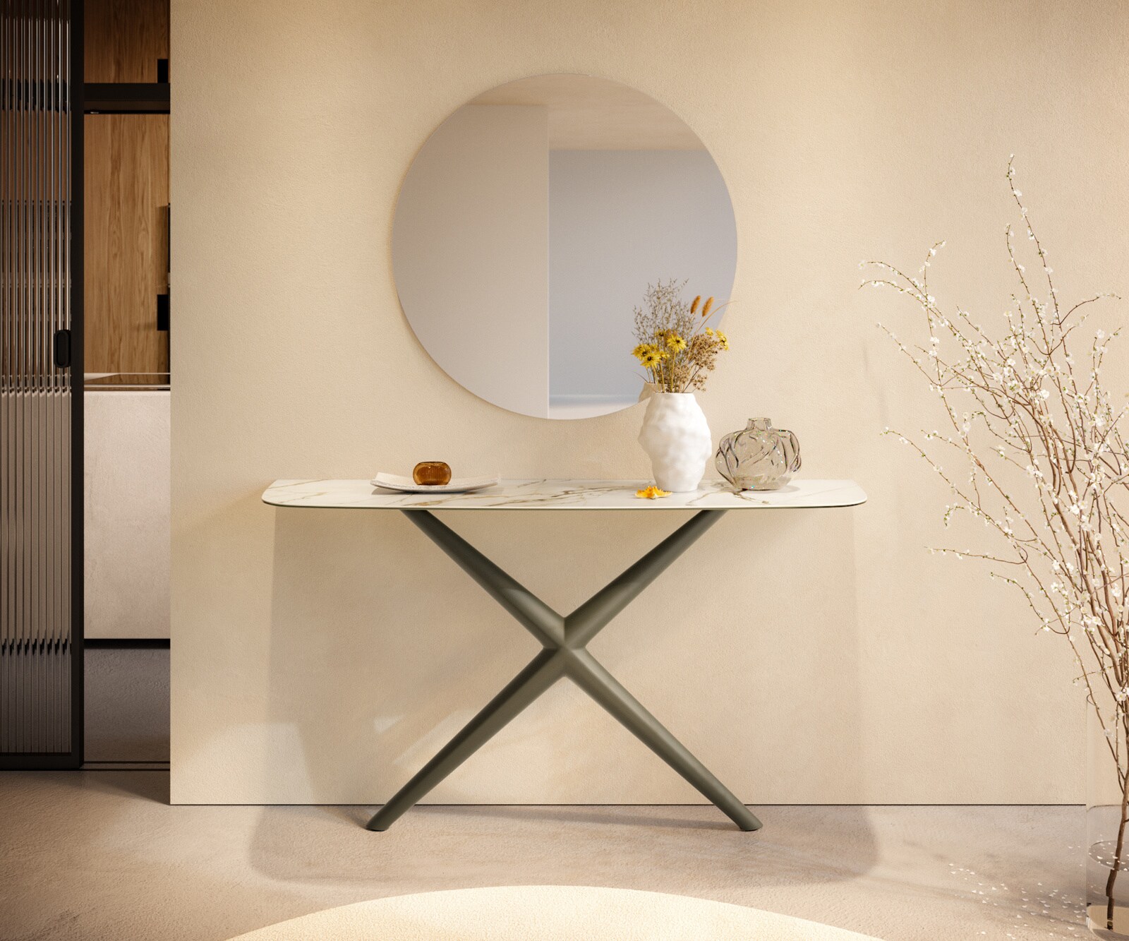 Consoletafel Edge Bootvorm 140x40 cm Keramiek Calacatta Luxe Weiß-Gold-Grijs Estelo Metaal Effektfinish Titan 1