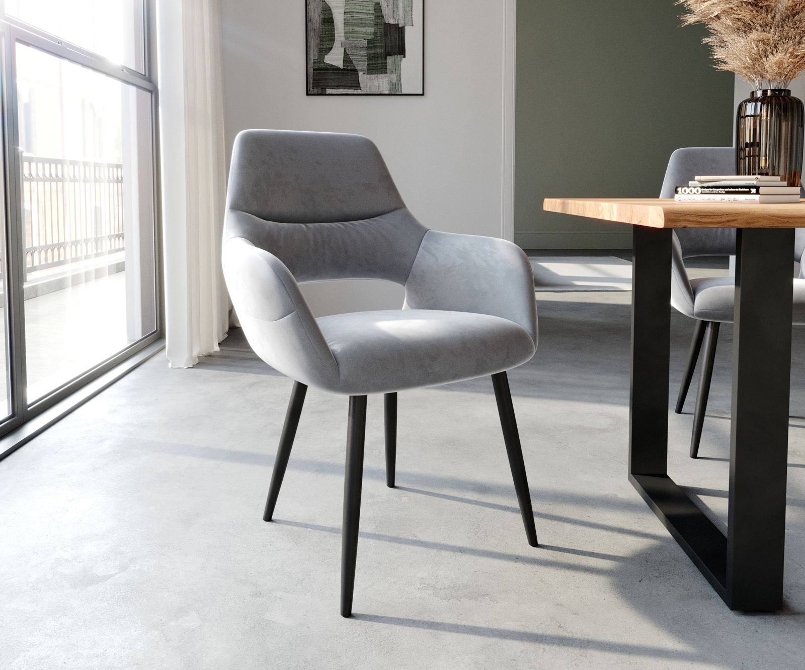 Eetkamerstoel Yago-Flex met armleuning fluweel grijs 4-poot conisch zwart pocketveer kern Eetkamerstoel Yago-Flex met armleuning fluweel grijs 4-poot conisch zwart pocketveer kern