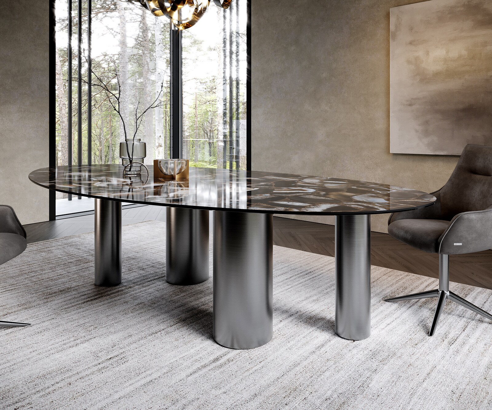 Eetkamertafel Edge ovaal 280x130 keramiek Iris FMG Agatablack Pilier roestvrij staal grafiet 6