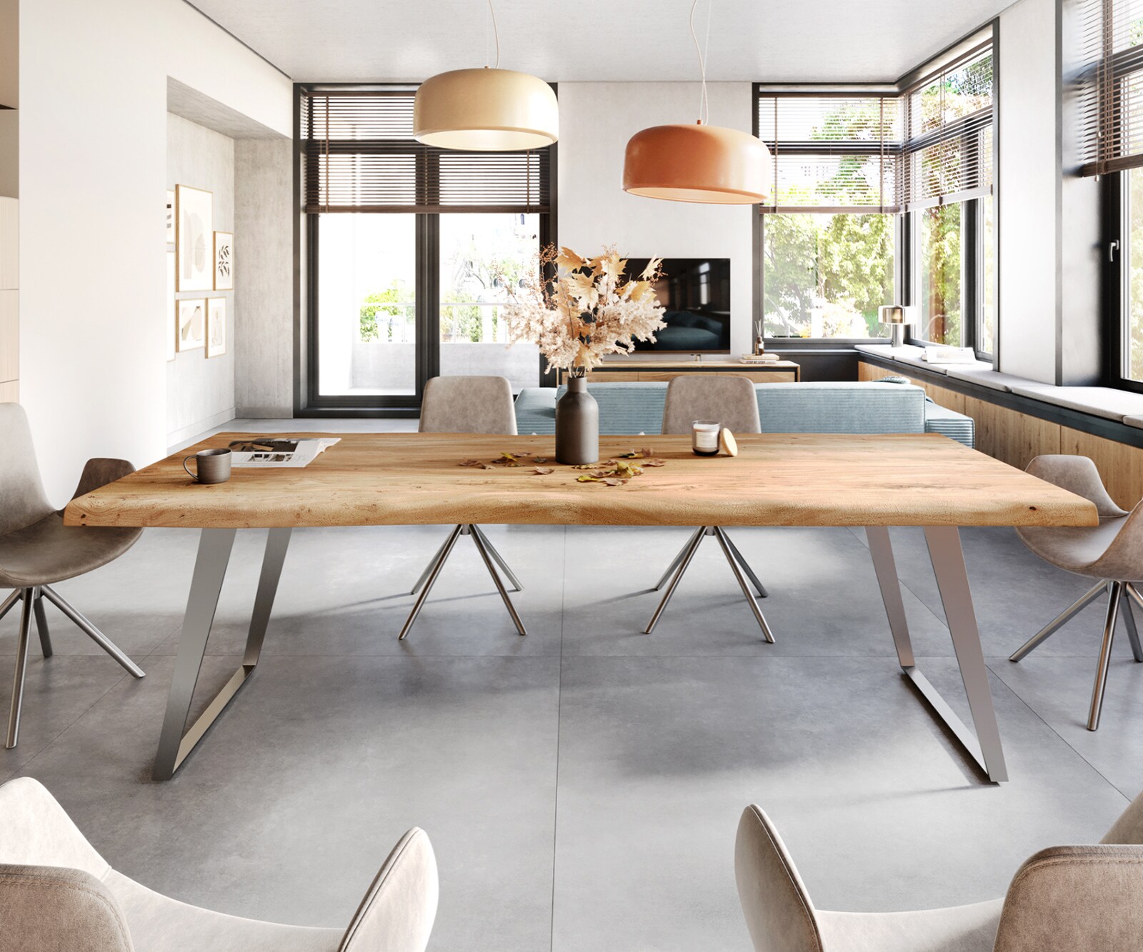 Eettafel Edge 280x100 XL acacia natuur roestvrij staal  schuin Live-Edge 2