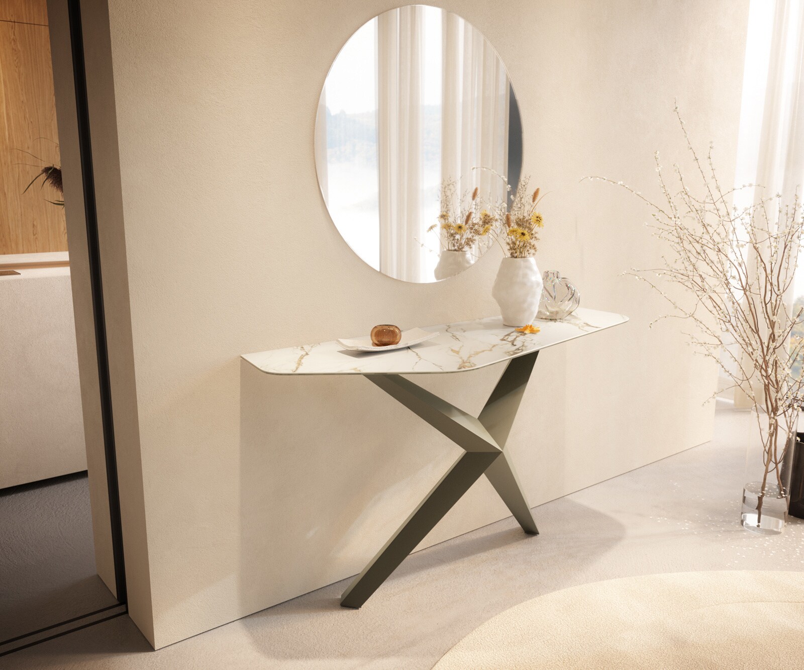 Consoletafel Edge Polygonaal 140x50 cm Keramiek Calacatta Luxe Weiß-Gold-Grijs Zentharo Metaal Effektfinish Titan 1